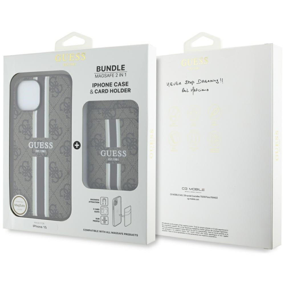 MagSafe hoesje voor Apple iPhone 15, Guess, Cardslot 4G Stripes, Bruin