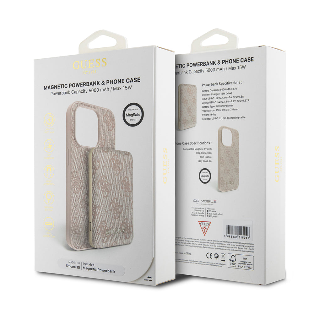 MagSafe hoesje voor Apple iPhone 15, Guess, Powerbank 4G Metal Logo, Roze
