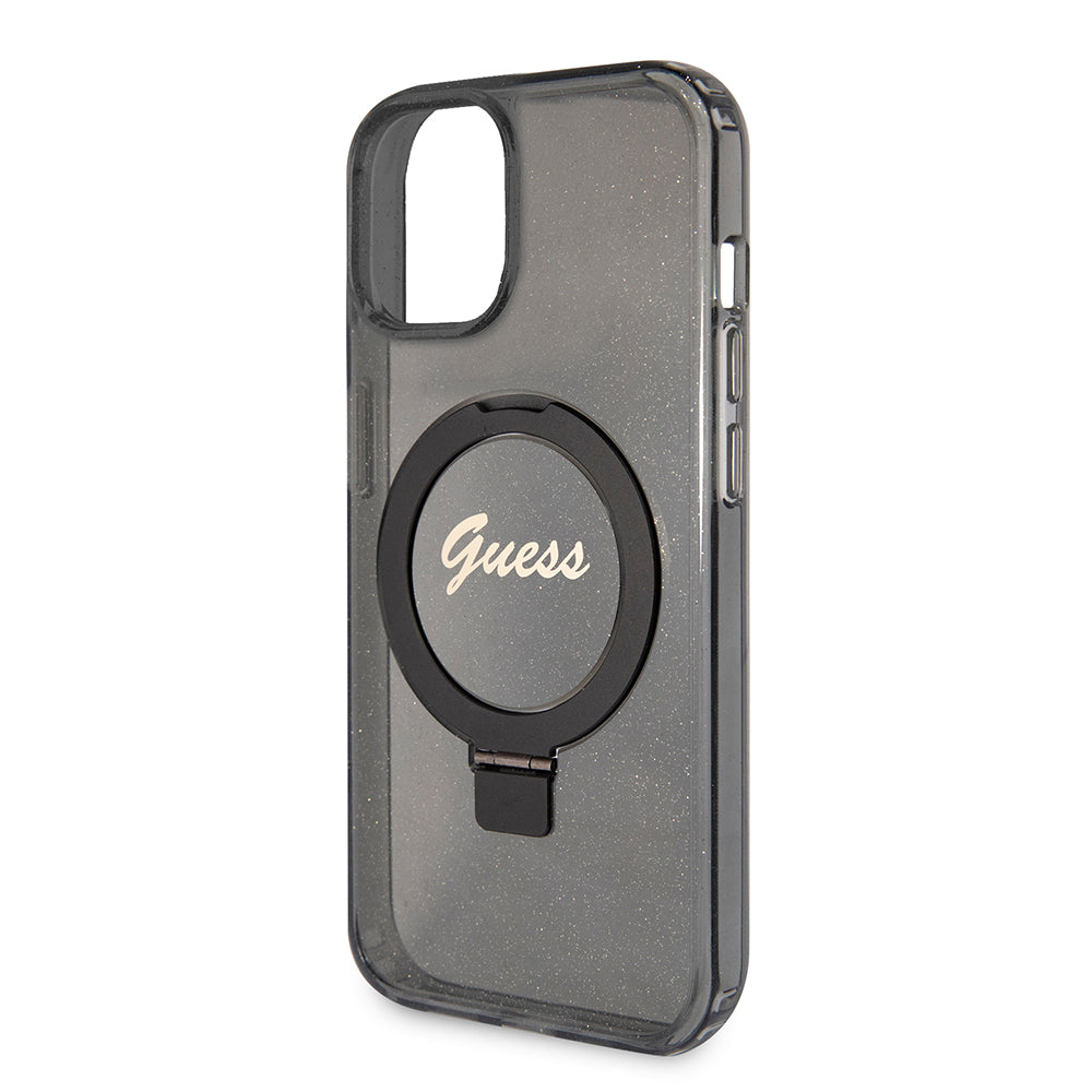 MagSafe hoes voor Apple iPhone 15, Guess, Ring Stand Script Glitter, Zwart