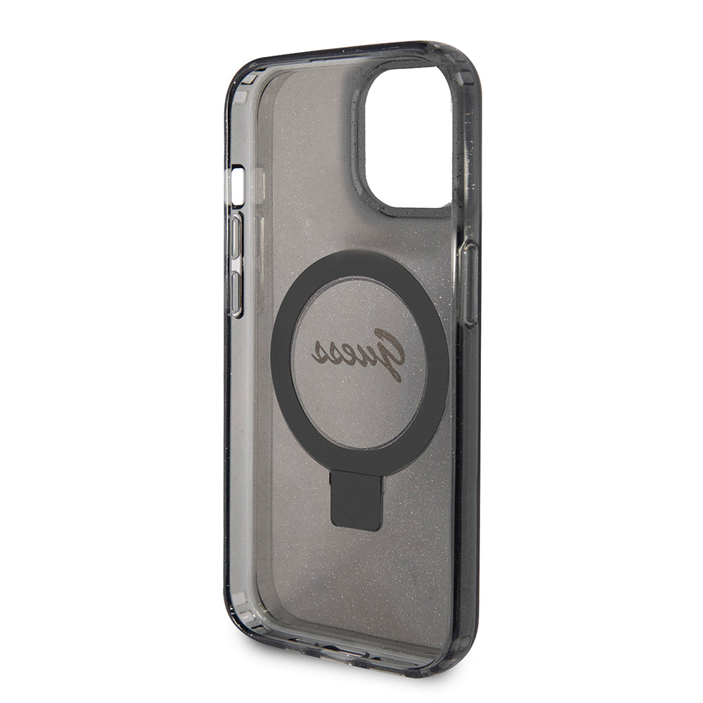 MagSafe hoes voor Apple iPhone 15, Guess, Ring Stand Script Glitter, Zwart