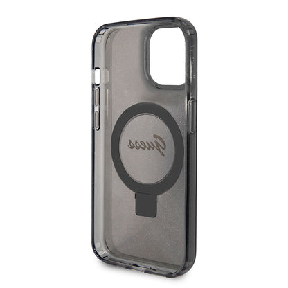 MagSafe hoes voor Apple iPhone 15, Guess, Ring Stand Script Glitter, Zwart