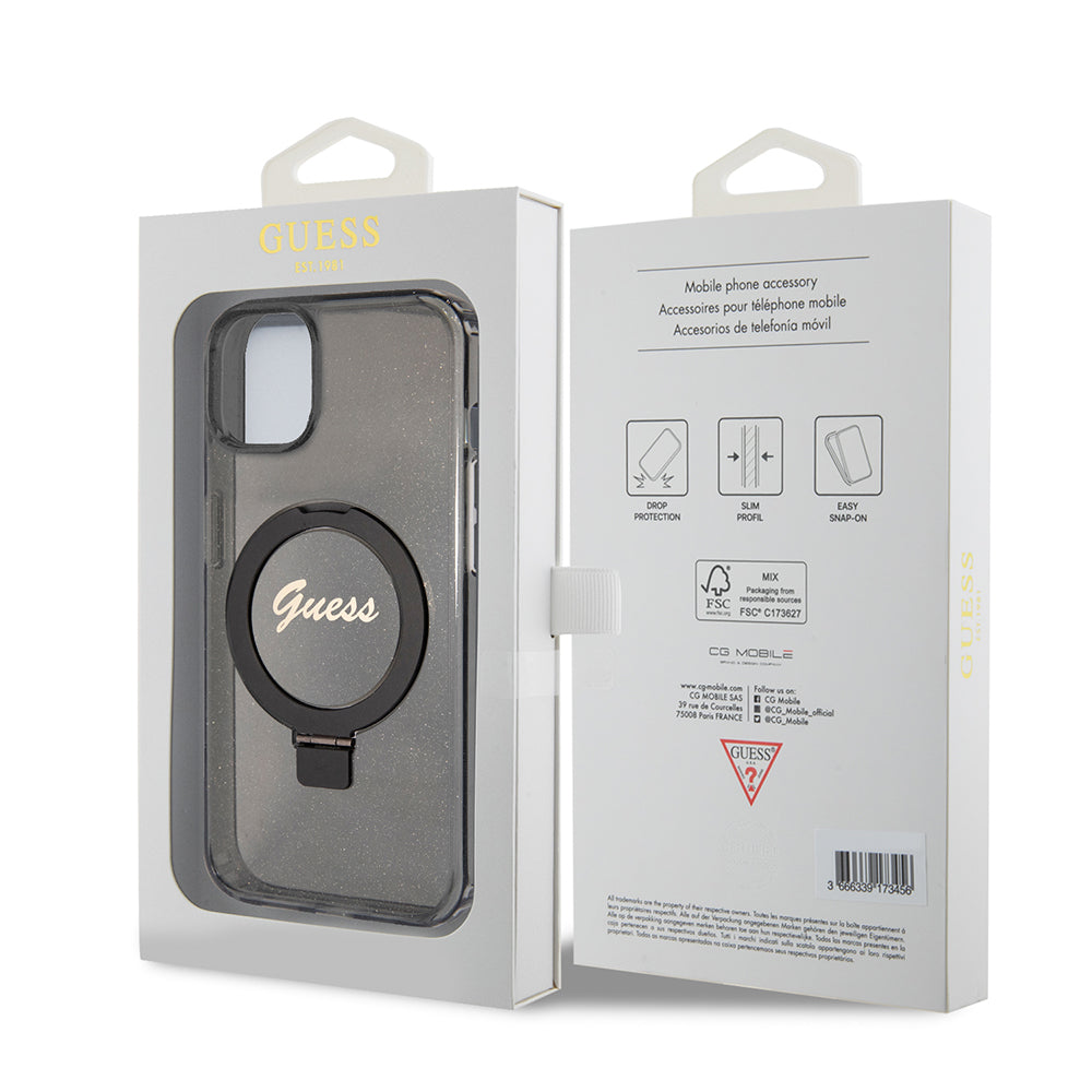 MagSafe hoes voor Apple iPhone 15, Guess, Ring Stand Script Glitter, Zwart