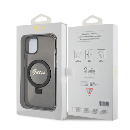 MagSafe hoes voor Apple iPhone 15, Guess, Ring Stand Script Glitter, Zwart