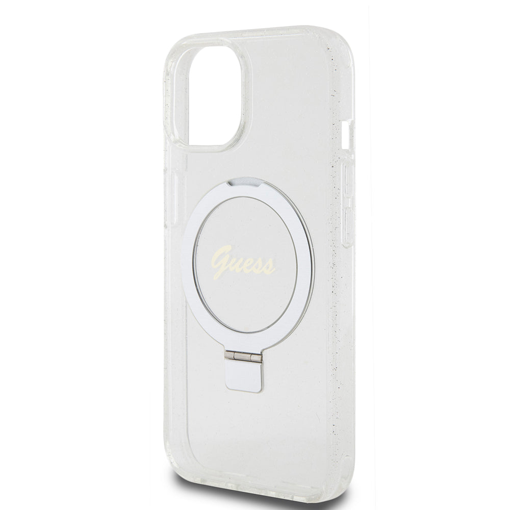 MagSafe hoes voor Apple iPhone 15, Guess, Ring Stand Script Glitter, Transparant