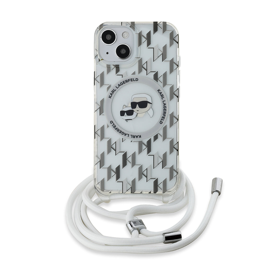 MagSafe hoes voor Apple iPhone 15, Karl Lagerfeld, IML Crossbody Monogram Karl & Choupette's Heads, Transparant