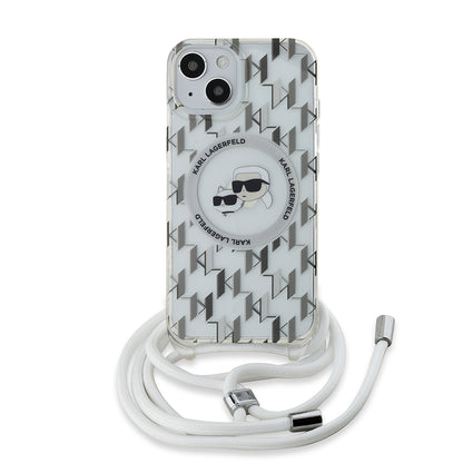 MagSafe hoes voor Apple iPhone 15, Karl Lagerfeld, IML Crossbody Monogram Karl & Choupette's Heads, Transparant