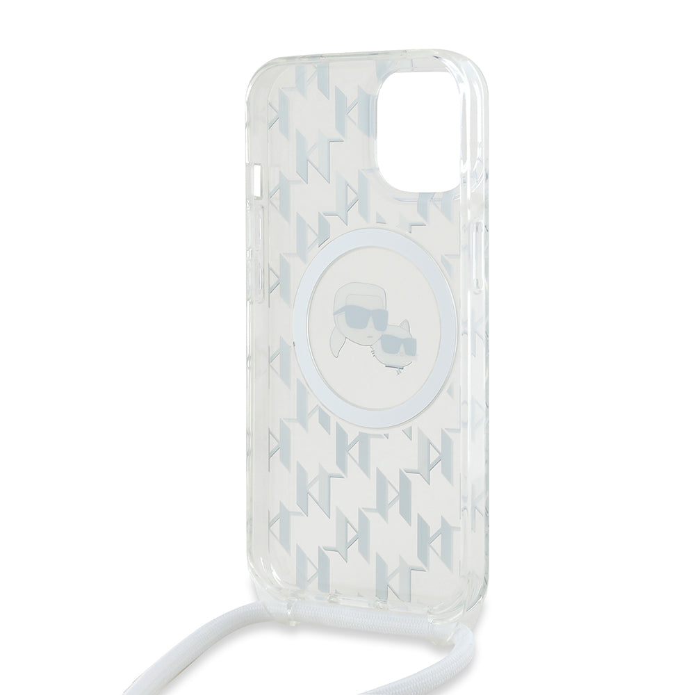 MagSafe hoes voor Apple iPhone 15, Karl Lagerfeld, IML Crossbody Monogram Karl & Choupette's Heads, Transparant