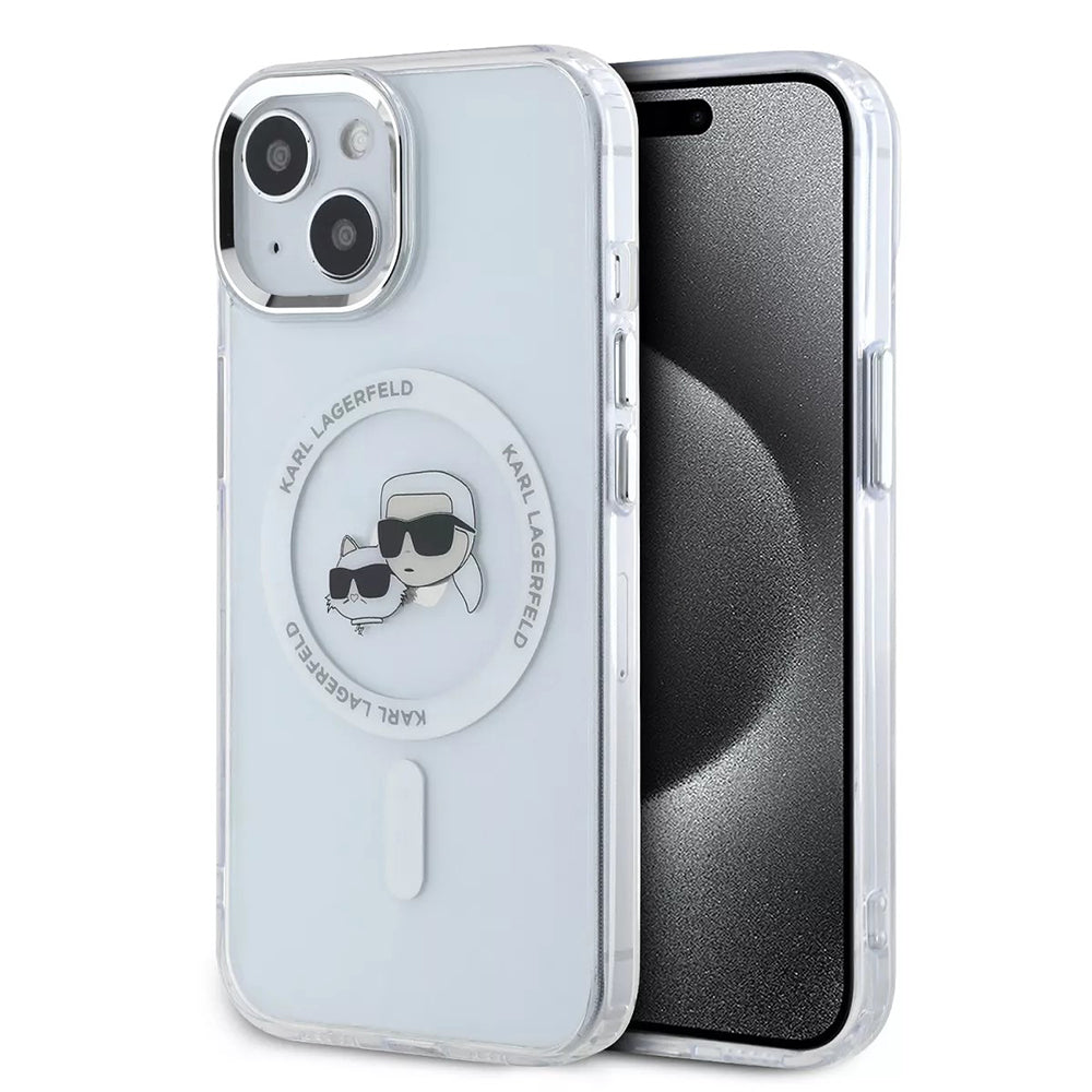 MagSafe hoesje voor Apple iPhone 15, Karl Lagerfeld, IML Metal Karl & Choupette's Heads, Wit