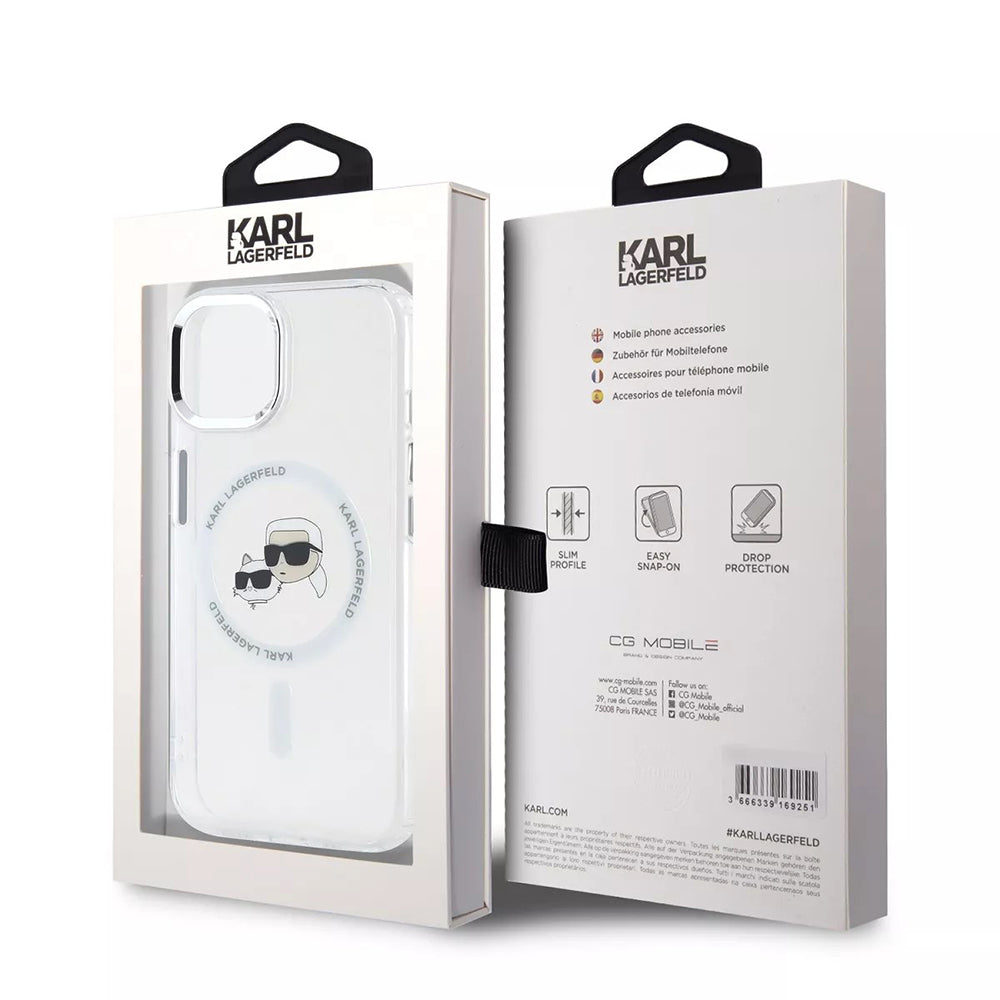 MagSafe hoesje voor Apple iPhone 15, Karl Lagerfeld, IML Metal Karl & Choupette's Heads, Wit