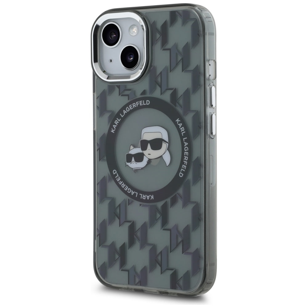 MagSafe hoesje voor Apple iPhone 15, Karl Lagerfeld, IML Monogram Karl & Choupette's Heads, Zwart