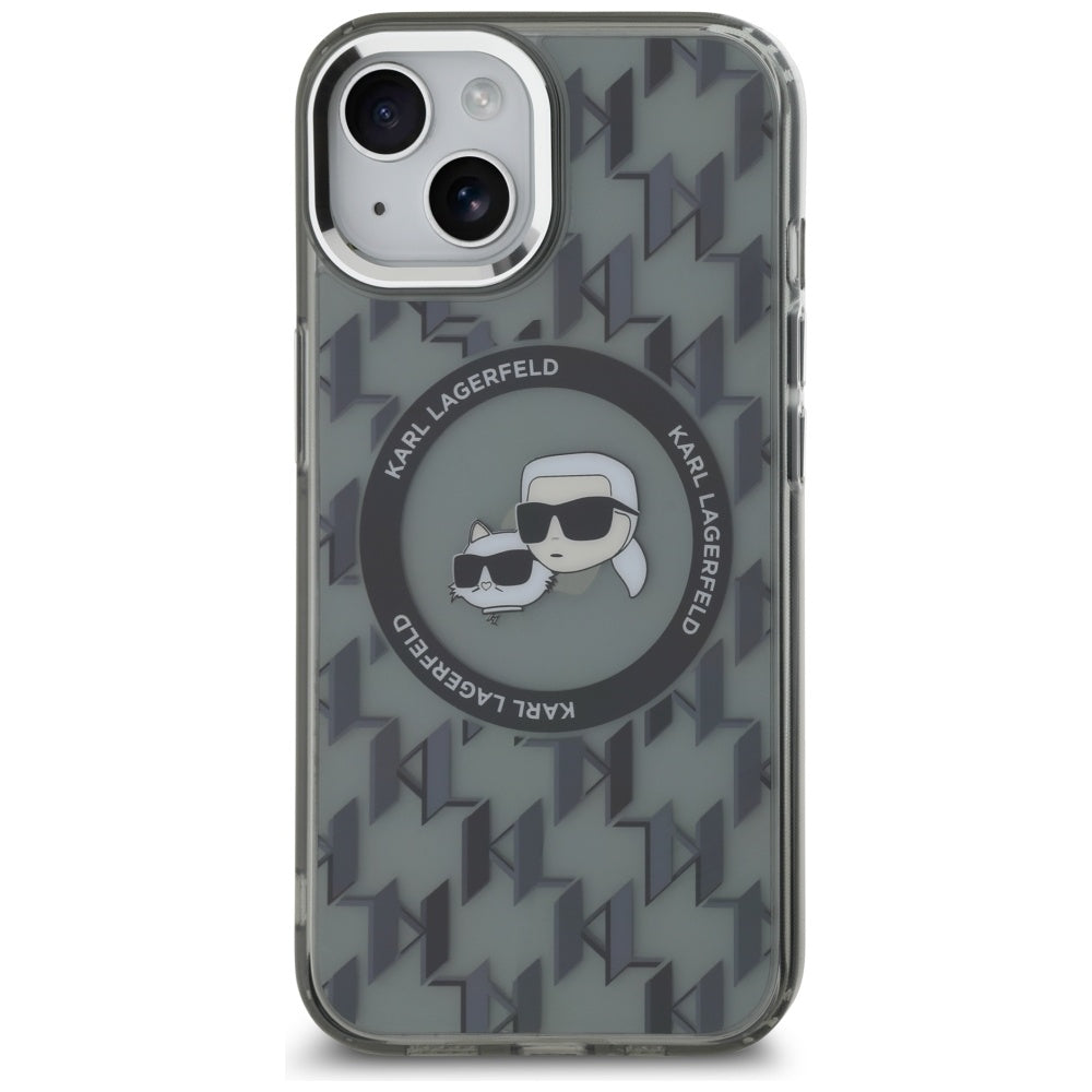 MagSafe hoesje voor Apple iPhone 15, Karl Lagerfeld, IML Monogram Karl & Choupette's Heads, Zwart