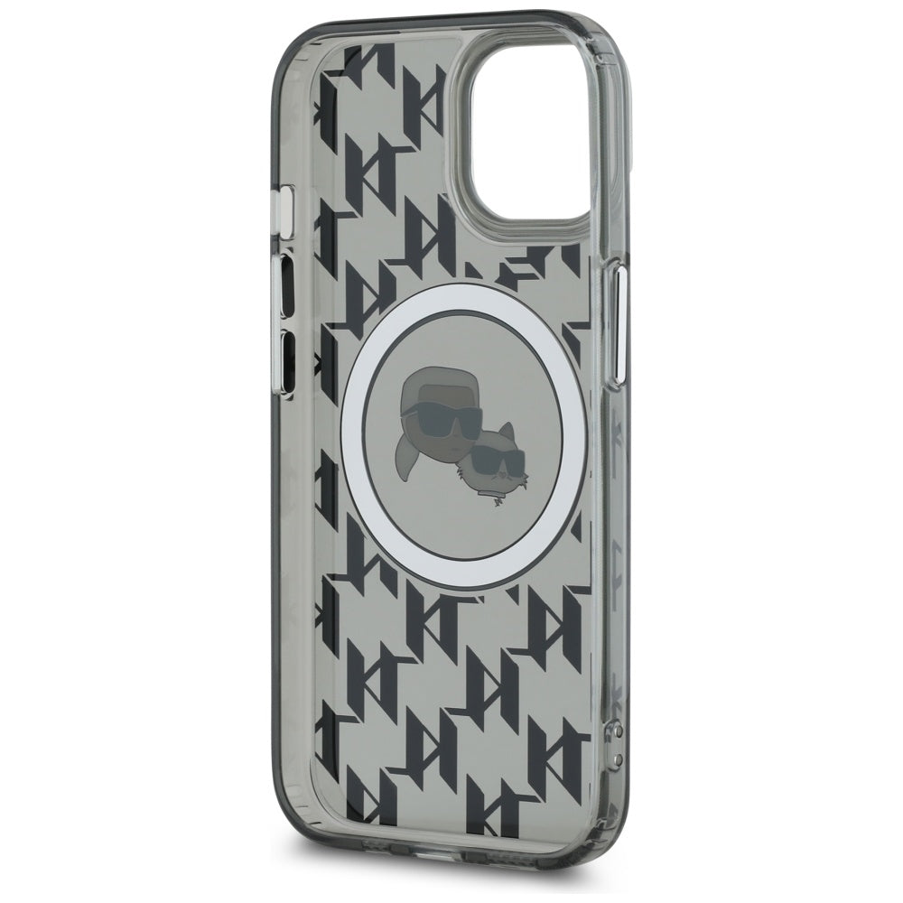 MagSafe hoesje voor Apple iPhone 15, Karl Lagerfeld, IML Monogram Karl & Choupette's Heads, Zwart