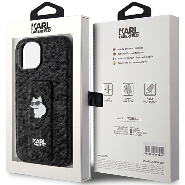MagSafe hoes voor Apple iPhone 15, Karl Lagerfeld, Saffiano Gripstand Choupette, Zwart