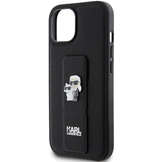 MagSafe Case for Apple iPhone 15, Karl Lagerfeld, Saffiano Gripstand Karl & Choupette, Black