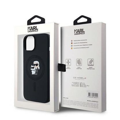 MagSafe hoesje voor Apple iPhone 15, Karl Lagerfeld, Silicone Karl & Choupette, Zwart