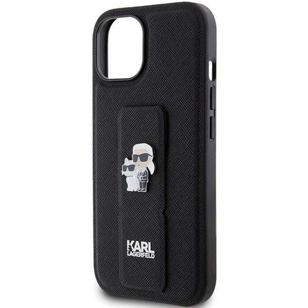 MagSafe hoesje voor Apple iPhone 15 Plus / 14 Plus, Karl Lagerfeld, Saffiano Gripstand Karl & Choupette, Zwart