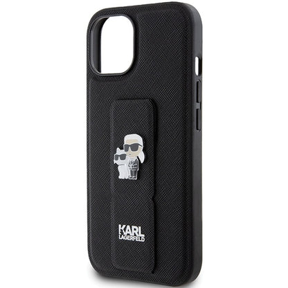 MagSafe hoesje voor Apple iPhone 15 Plus / 14 Plus, Karl Lagerfeld, Saffiano Gripstand Karl & Choupette, Zwart