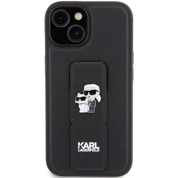 MagSafe hoesje voor Apple iPhone 15 Plus / 14 Plus, Karl Lagerfeld, Saffiano Gripstand Karl & Choupette, Zwart
