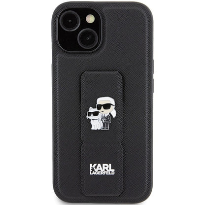 MagSafe hoesje voor Apple iPhone 15 Plus / 14 Plus, Karl Lagerfeld, Saffiano Gripstand Karl & Choupette, Zwart