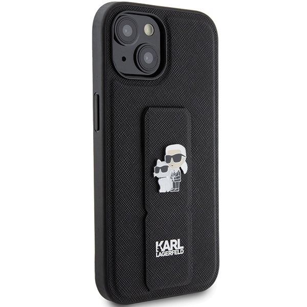 MagSafe hoesje voor Apple iPhone 15 Plus / 14 Plus, Karl Lagerfeld, Saffiano Gripstand Karl & Choupette, Zwart