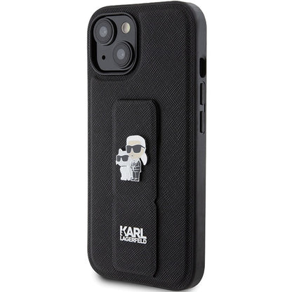 MagSafe hoesje voor Apple iPhone 15 Plus / 14 Plus, Karl Lagerfeld, Saffiano Gripstand Karl & Choupette, Zwart