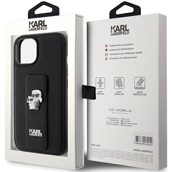 MagSafe hoesje voor Apple iPhone 15 Plus / 14 Plus, Karl Lagerfeld, Saffiano Gripstand Karl & Choupette, Zwart
