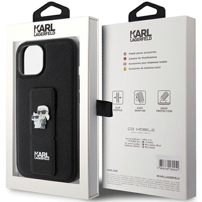 MagSafe hoesje voor Apple iPhone 15 Plus / 14 Plus, Karl Lagerfeld, Saffiano Gripstand Karl & Choupette, Zwart