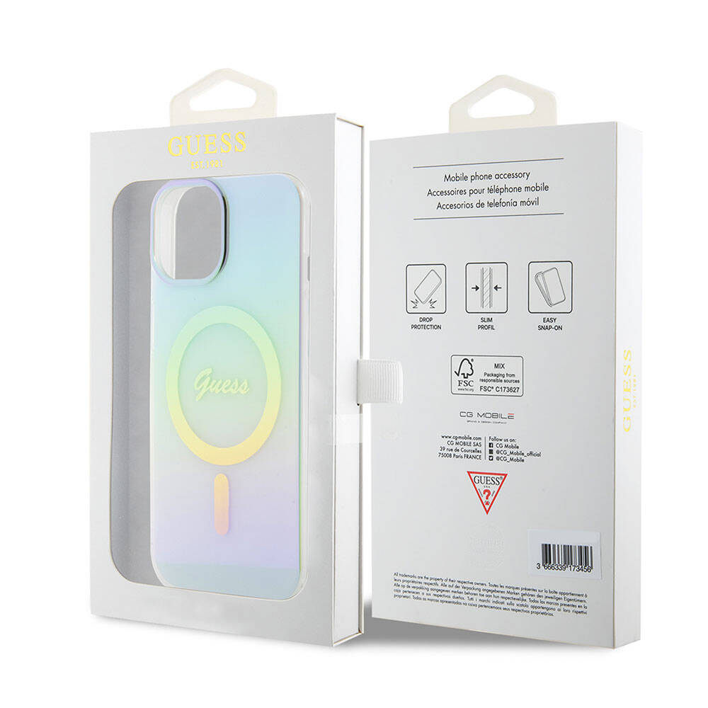 MagSafe hoesje voor Apple iPhone 15 Plus, Guess, IML Iridescent, Turquoise