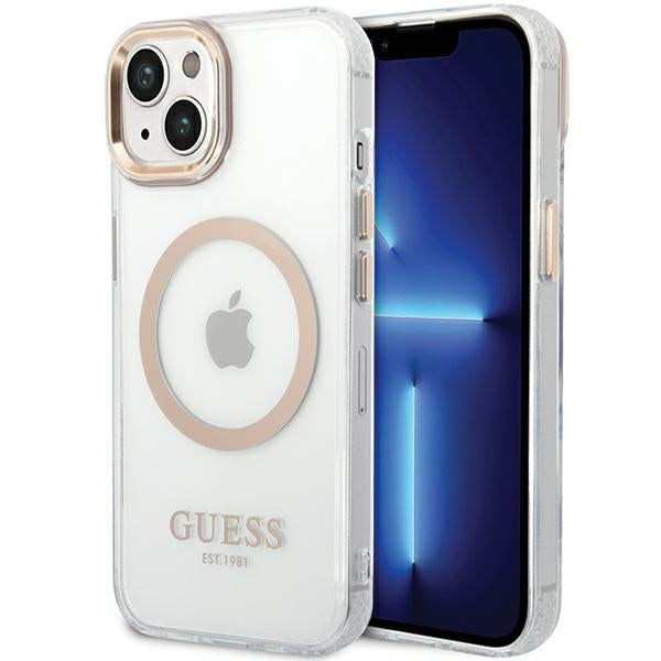 MagSafe hoesje voor Apple iPhone 15 Plus, Guess, Metal Outline, Goud