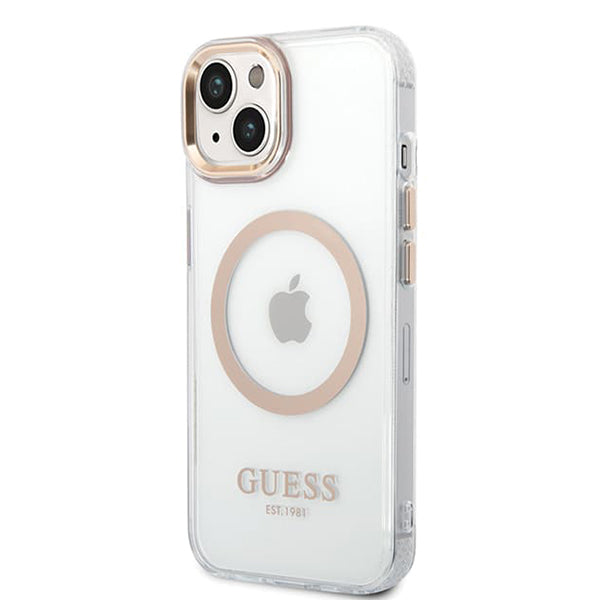 MagSafe hoesje voor Apple iPhone 15 Plus, Guess, Metal Outline, Goud