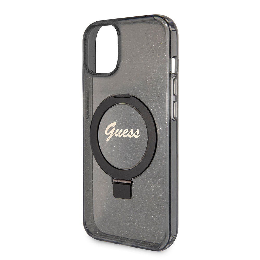 MagSafe hoes voor Apple iPhone 15 Plus, Guess, Ring Stand Script Glitter, Zwart