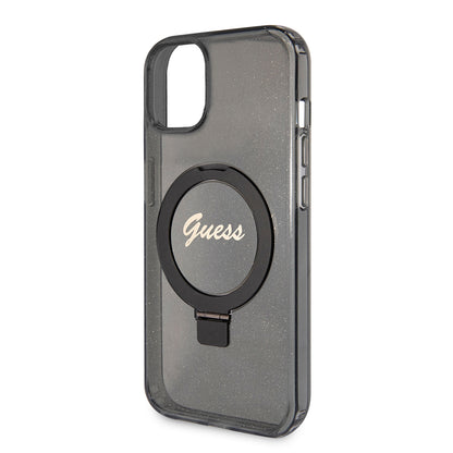 MagSafe hoes voor Apple iPhone 15 Plus, Guess, Ring Stand Script Glitter, Zwart