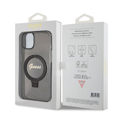 MagSafe hoes voor Apple iPhone 15 Plus, Guess, Ring Stand Script Glitter, Zwart