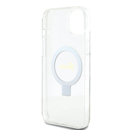 MagSafe hoes voor Apple iPhone 15 Plus, Guess, Ring Stand Script Glitter, Transparant