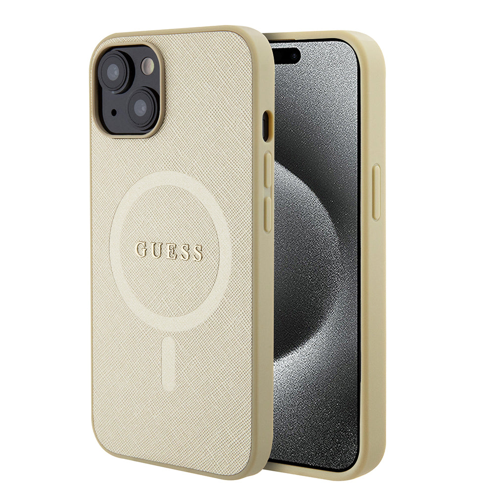 MagSafe hoesje voor Apple iPhone 15 Plus, Guess, Saffiano, Goud
