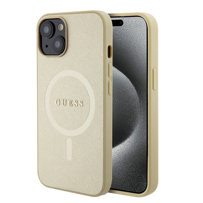 MagSafe hoesje voor Apple iPhone 15 Plus, Guess, Saffiano, Goud