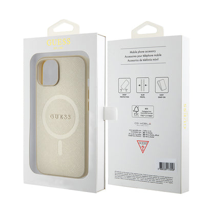 MagSafe hoesje voor Apple iPhone 15 Plus, Guess, Saffiano, Goud