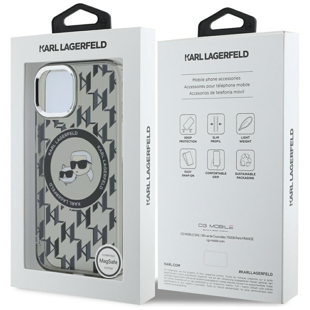 MagSafe hoesje voor Apple iPhone 15 Plus, Karl Lagerfeld, IML Monogram Karl & Choupette's Heads, Zwart