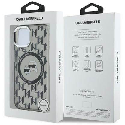 MagSafe hoesje voor Apple iPhone 15 Plus, Karl Lagerfeld, IML Monogram Karl & Choupette's Heads, Zwart