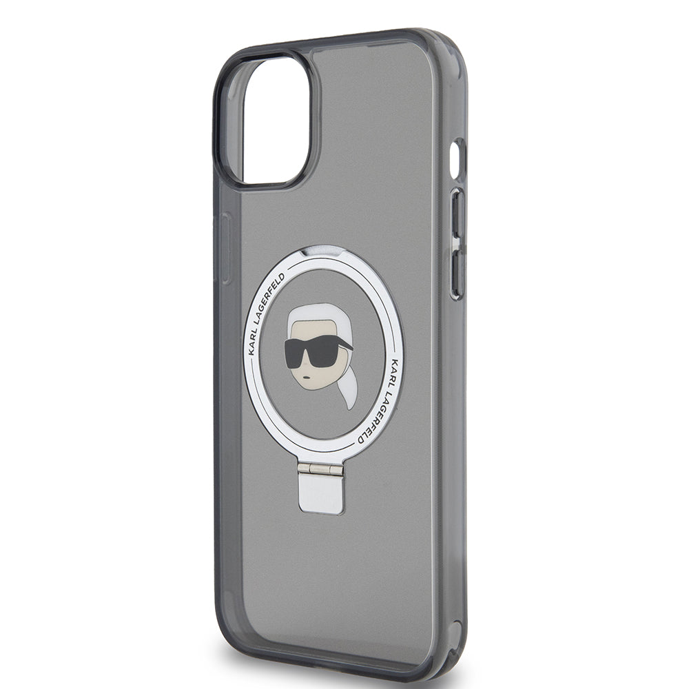 MagSafe hoes voor Apple iPhone 15 Plus, Karl Lagerfeld, Ring Stand Karl's Head, Zwart