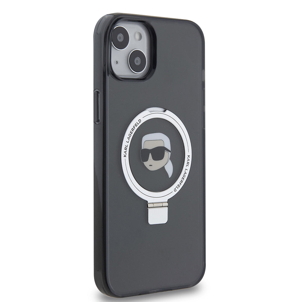 MagSafe hoes voor Apple iPhone 15 Plus, Karl Lagerfeld, Ring Stand Karl's Head, Zwart