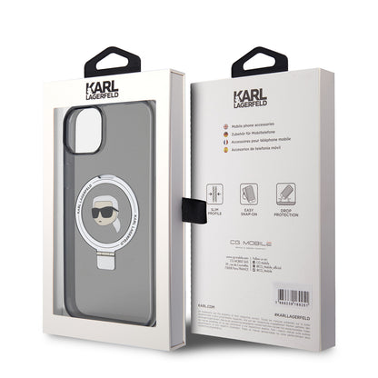MagSafe hoes voor Apple iPhone 15 Plus, Karl Lagerfeld, Ring Stand Karl's Head, Zwart