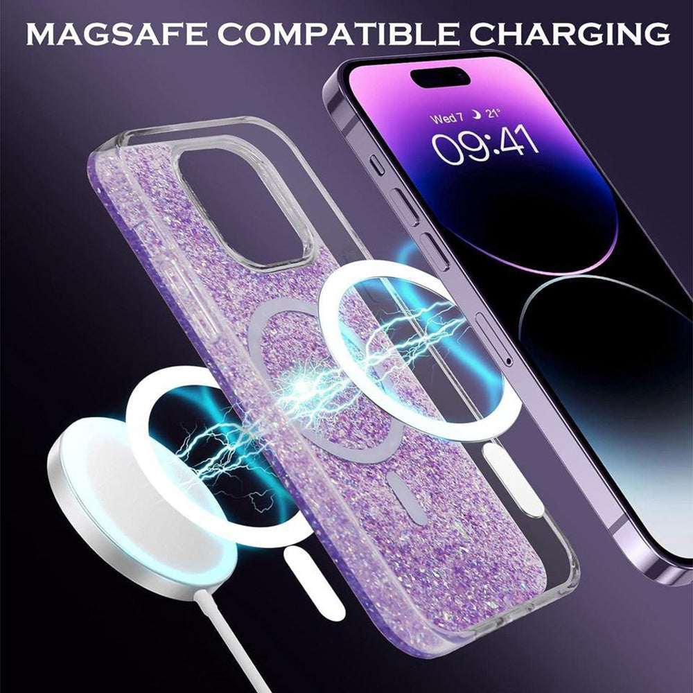 MagSafe Case for Apple iPhone 15 Plus, Techsuit, Sparkly Glitter, Magenta