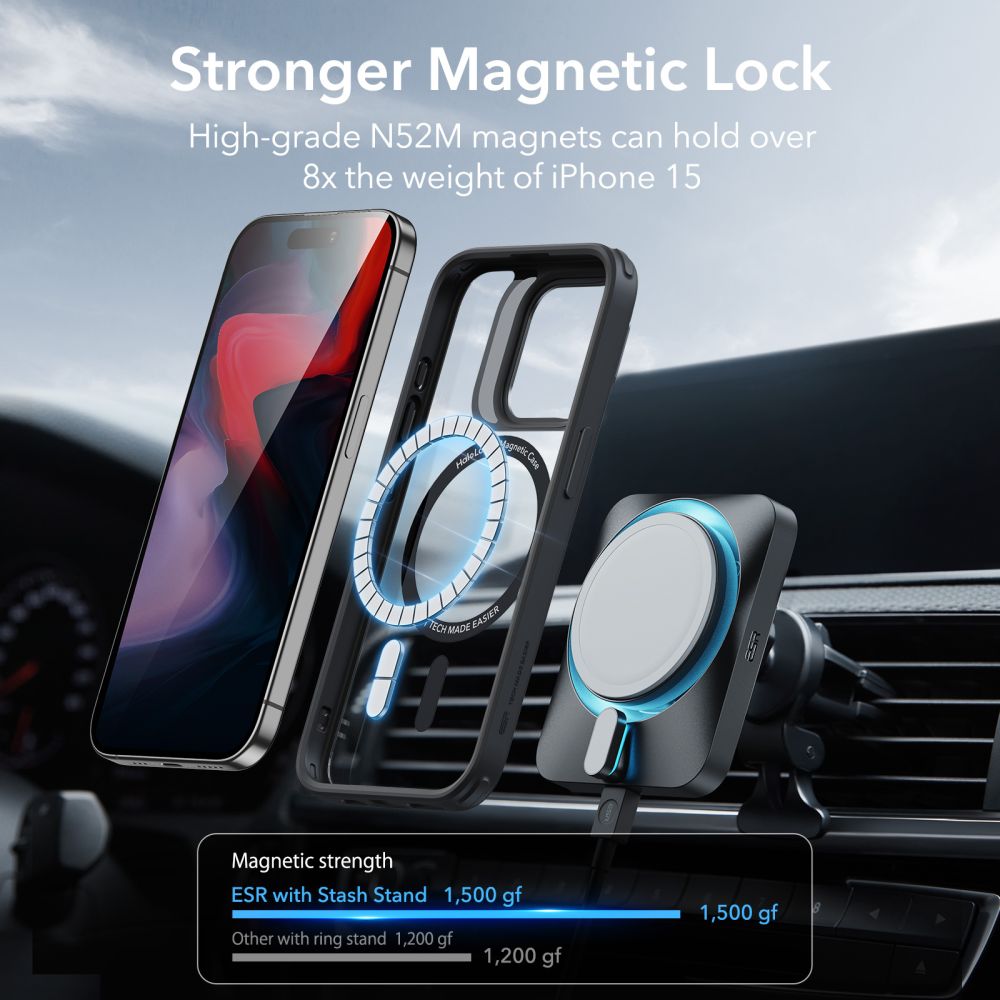 MagSafe hoesje voor Apple iPhone 15 Pro, ESR, Classic Hybrid Kickstand, Transparant Zwart