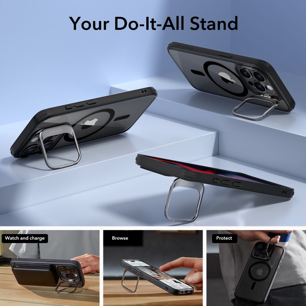 MagSafe hoesje voor Apple iPhone 15 Pro, ESR, Classic Hybrid Kickstand, Transparant Zwart