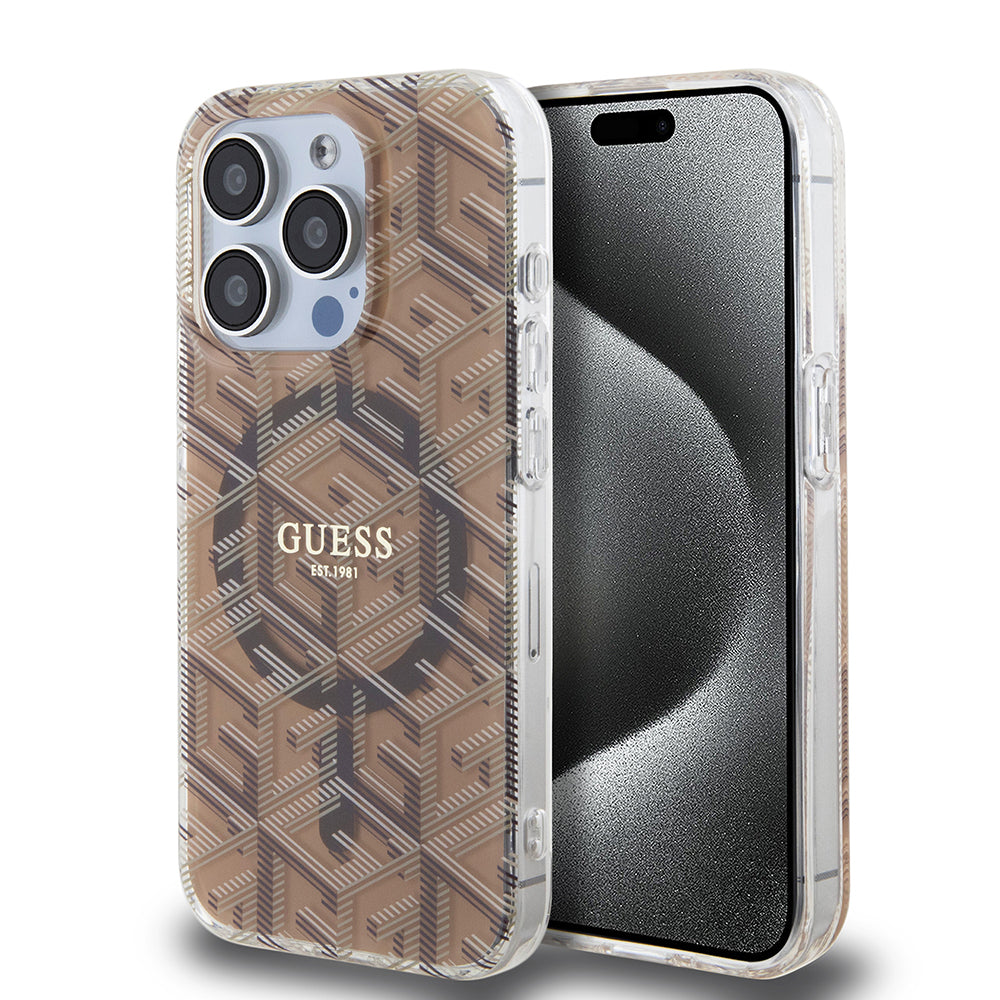 MagSafe hoesje voor Apple iPhone 15 Pro, Guess, IML Gcube, Bruin