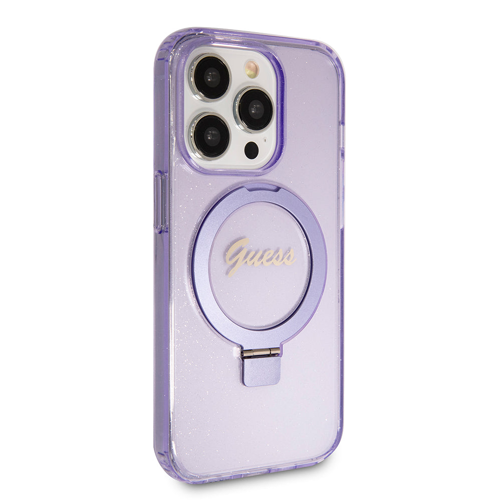 MagSafe hoes voor Apple iPhone 15 Pro, Guess, IML Ring Stand Glitter, Paars
