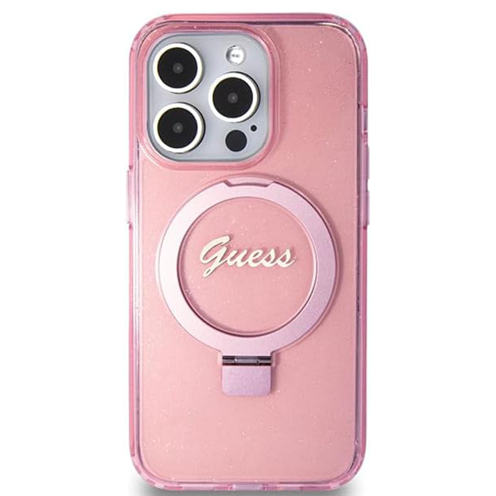MagSafe hoes voor Apple iPhone 15 Pro, Guess, IML Ring Stand Glitter, Roze