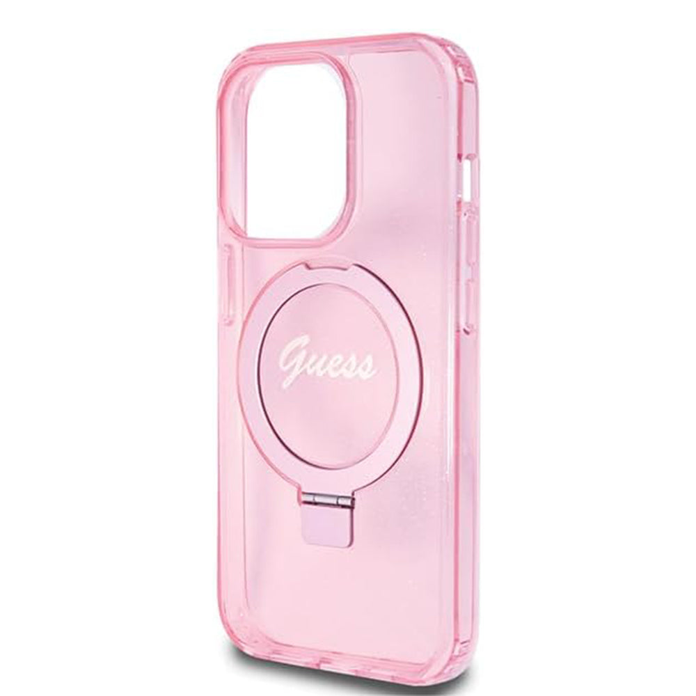 MagSafe hoes voor Apple iPhone 15 Pro, Guess, IML Ring Stand Glitter, Roze