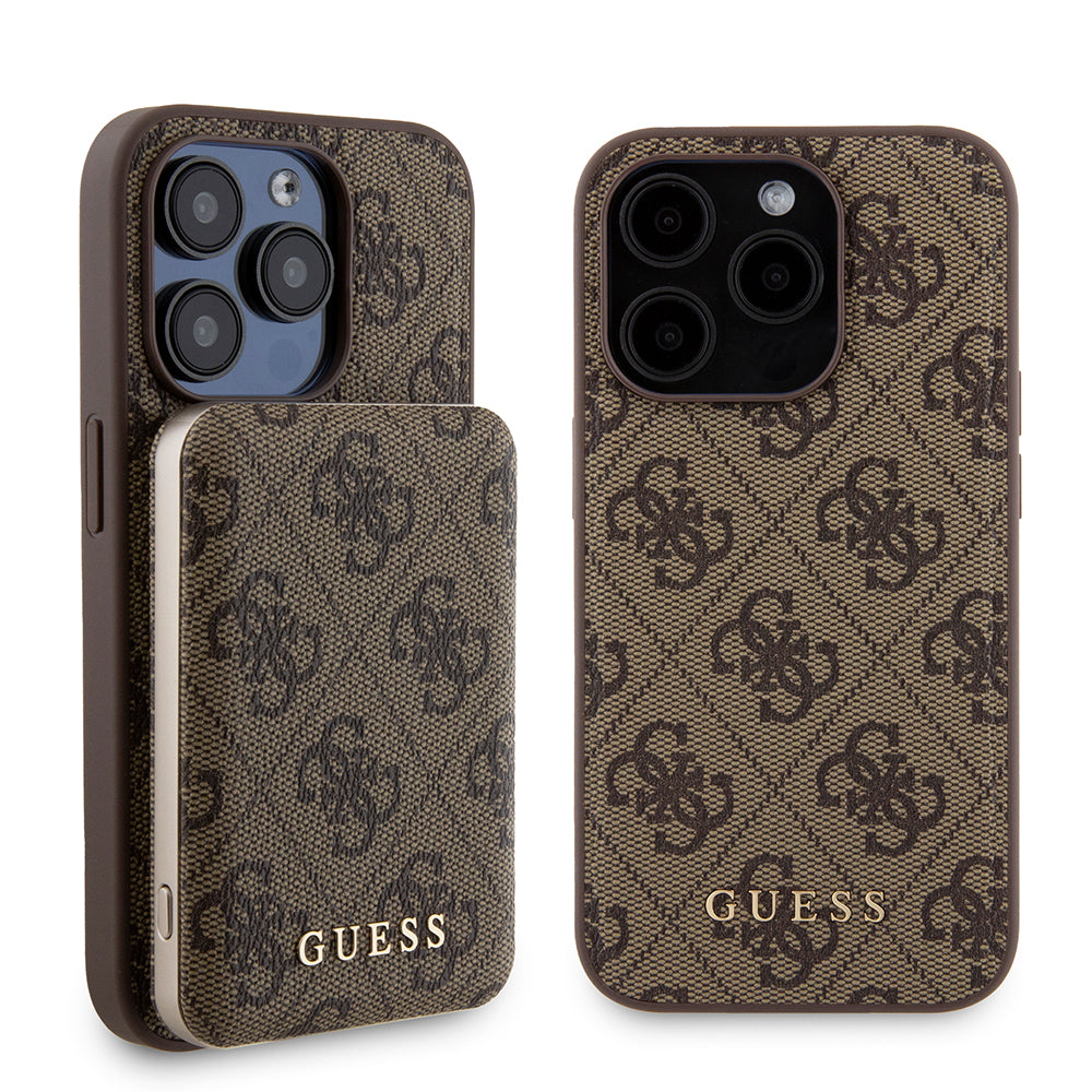 MagSafe hoesje voor Apple iPhone 15 Pro, Guess, Powerbank 4G Metal Logo, Bruin